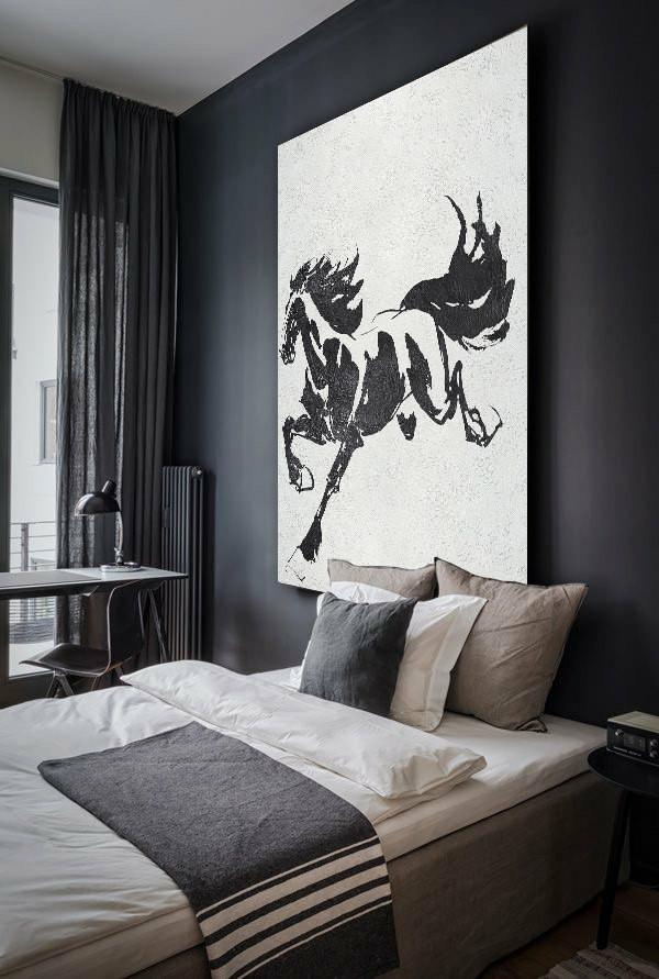 600x891 Black White Horse, Hand Made Extra Large Canvas Painting, Abstract - White Horse Painting On Canvas