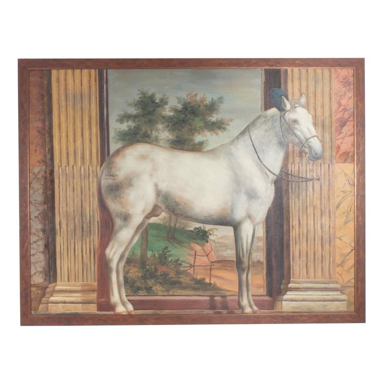 768x768 Mid Century Oil Painting On Canvas Of A White Horse For Sale - White Horse Painting On Canvas