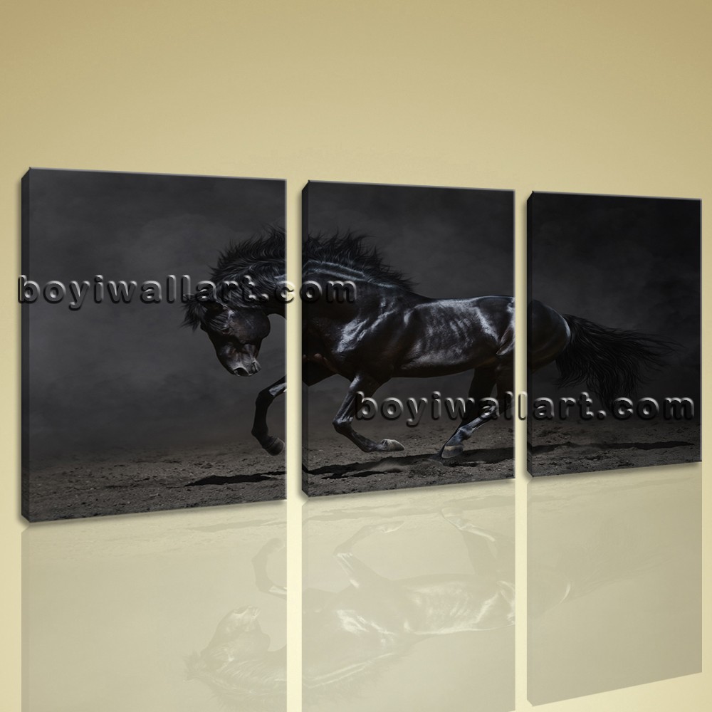 1000x1000 3 Panels Framed Dark Horse Painting Hd Print On Canvas Abstract - White Horse Painting On Canvas