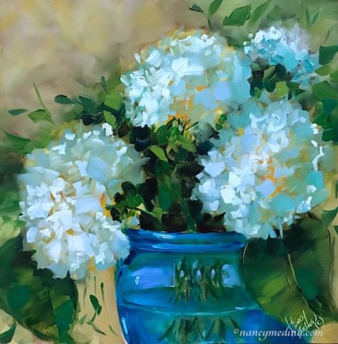 475x484 Still Life Original Art Paintings - White Hydrangea Painting