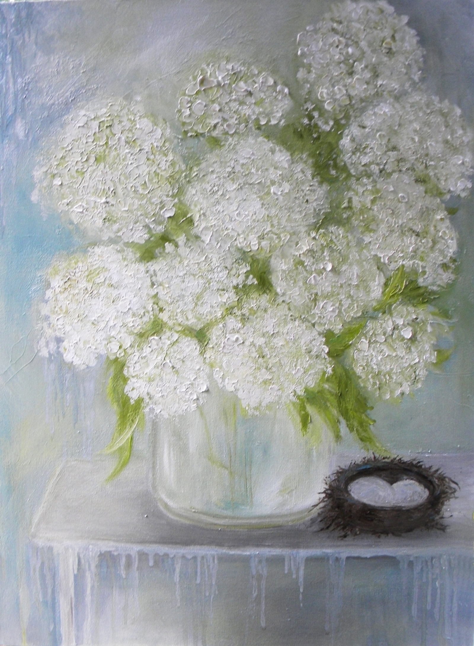 1600x2180 White Hydrangea Oil Painting, Hydrangea Floral Painting - White Hydrangea Painting