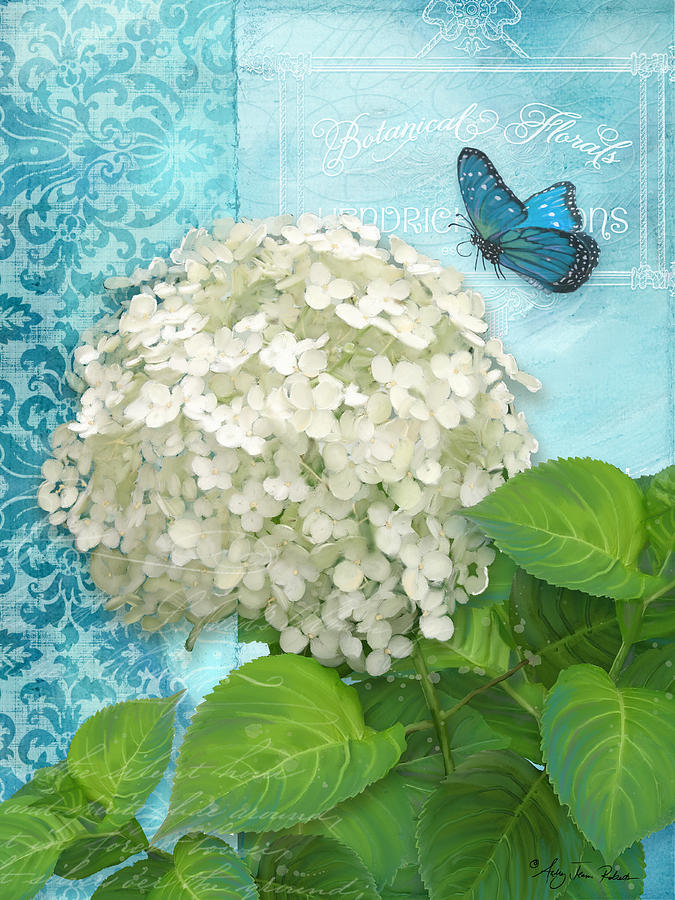 675x900 Cottage Garden White Hydrangea With Blue Butterfly Painting By - White Hydrangea Painting