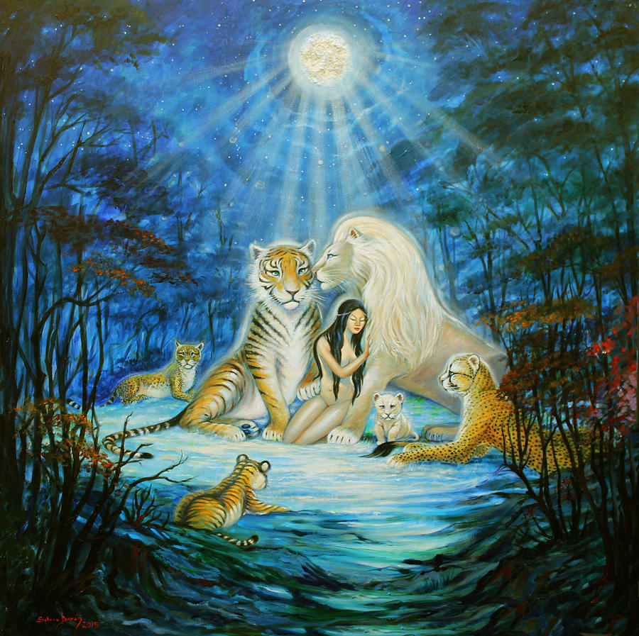 900x897 Feline Family Love Painting By Silvia Duran - White Lion Painting