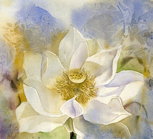 300x273 White Lotus With Blue Painting By Alfred Ng - White Lotus Flower Painting