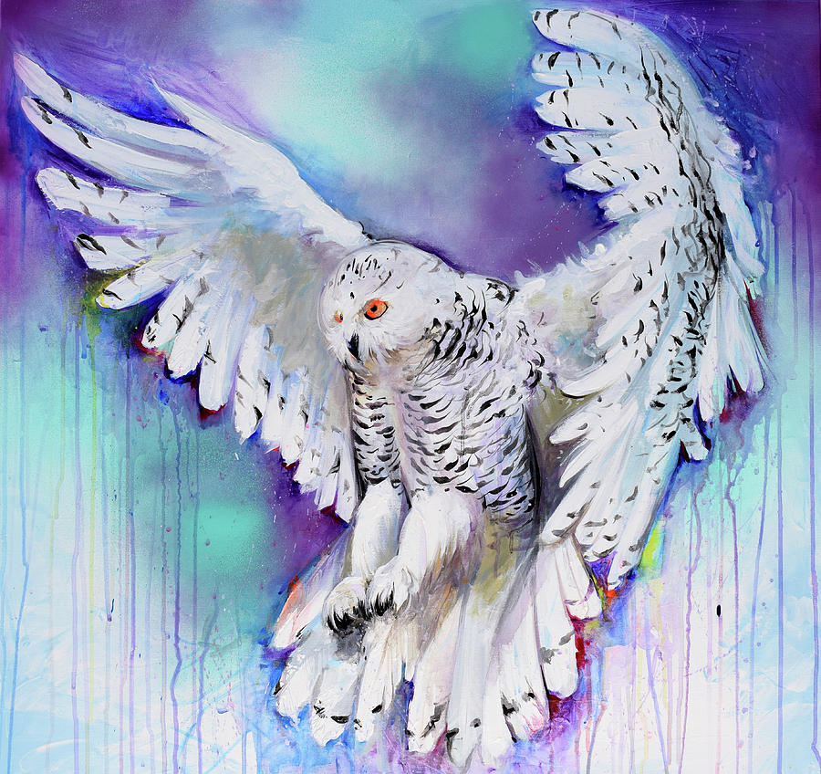 900x848 Flying White Owl Painting By Tiberiu Soos - White Owl Painting