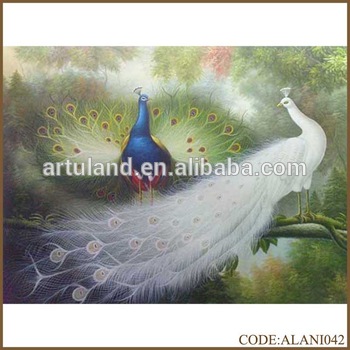 350x350 Handpainted Peacock Oil Painting Of White Peacock And Blue Peacock - White Peacock Painting