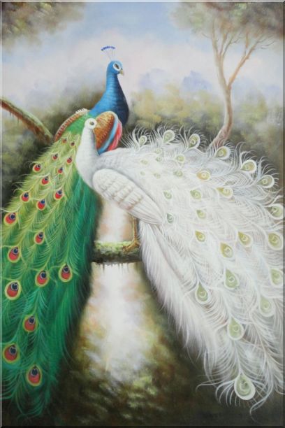408x612 Framed Blue And White Peacock Pair On Tree Branch Oil Painting - White Peacock Painting