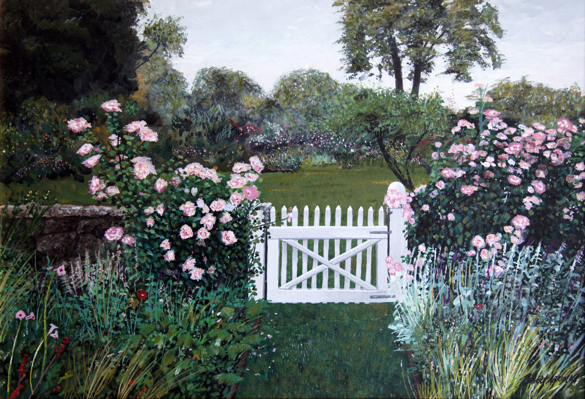 1200x819 Painting Rose Garden (Original Art By Robert Abriola) - White Picket Fence Painting