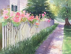 300x228 Twickenham Roses Painting By Denise Schiber - White Picket Fence Painting