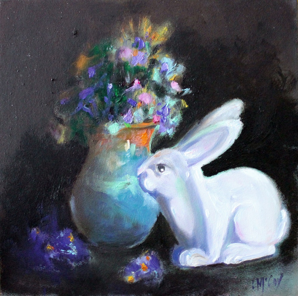 1000x993 White Rabbit Still Life, Oil Painting By Artist Linda Mccoy, - White Rabbit Painting