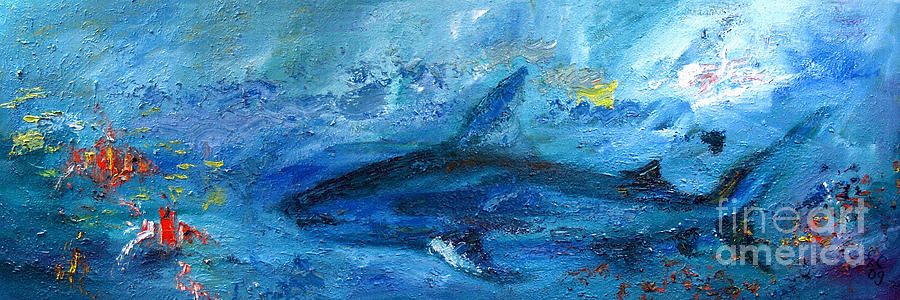 900x300 Great White Shark Coral Reef Ocean Life Painting By Ginette Callaway - White Shark Painting