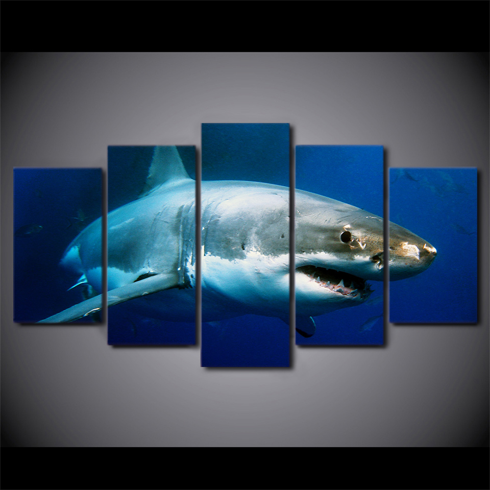 960x960 Hd Printed 5 Piece Canvas Blue Ocean White Shark Painting Framed - White Shark Painting
