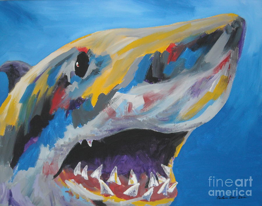 900x709 Great White Painting By Caroline Davis - White Shark Painting