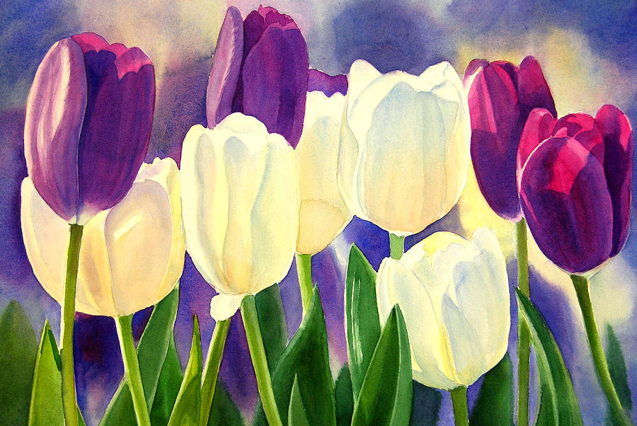 900x602 Purple And White Tulips Painting By Sharon Freeman - White Tulip Painting