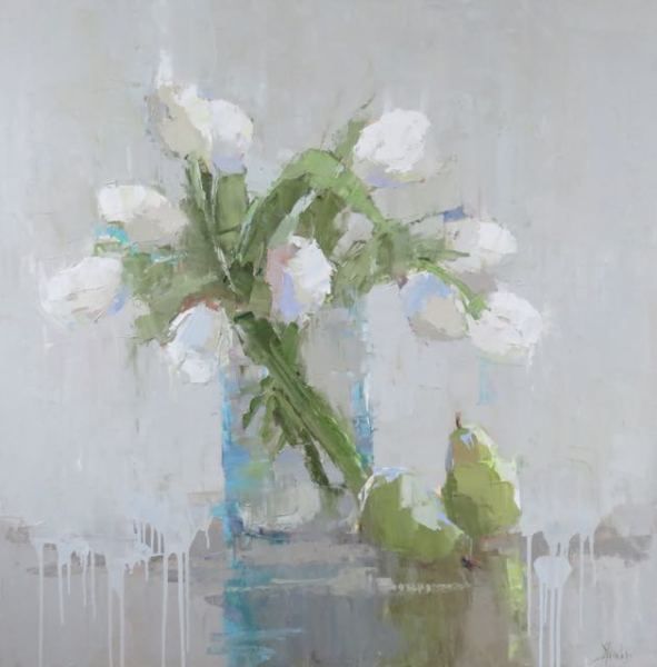 591x600 Barbara Flowers White Tulips And Pears Still Life Painting - White Tulip Painting