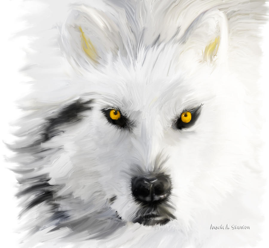 900x829 Arctic Wolf With Yellow Eyes Painting By Angela Stanton - White Wolf Painting