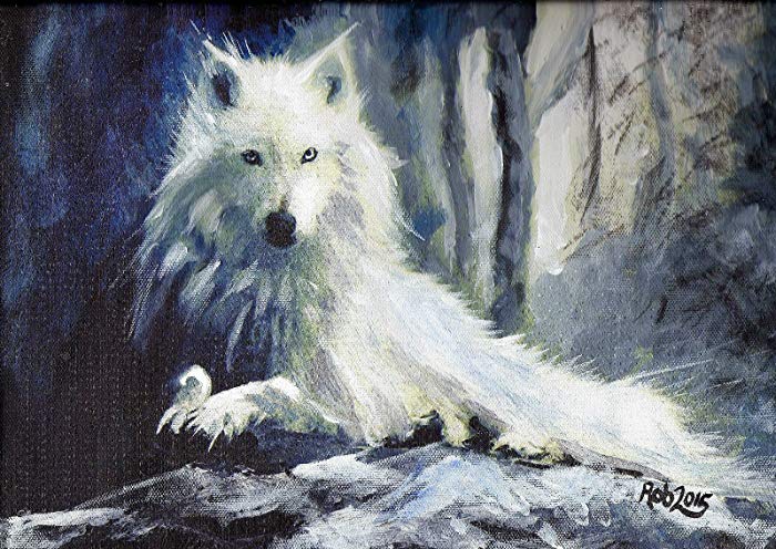 700x496 Handmade Original Canvas Painting Sentinel White Wolf Artwork - White Wolf Painting