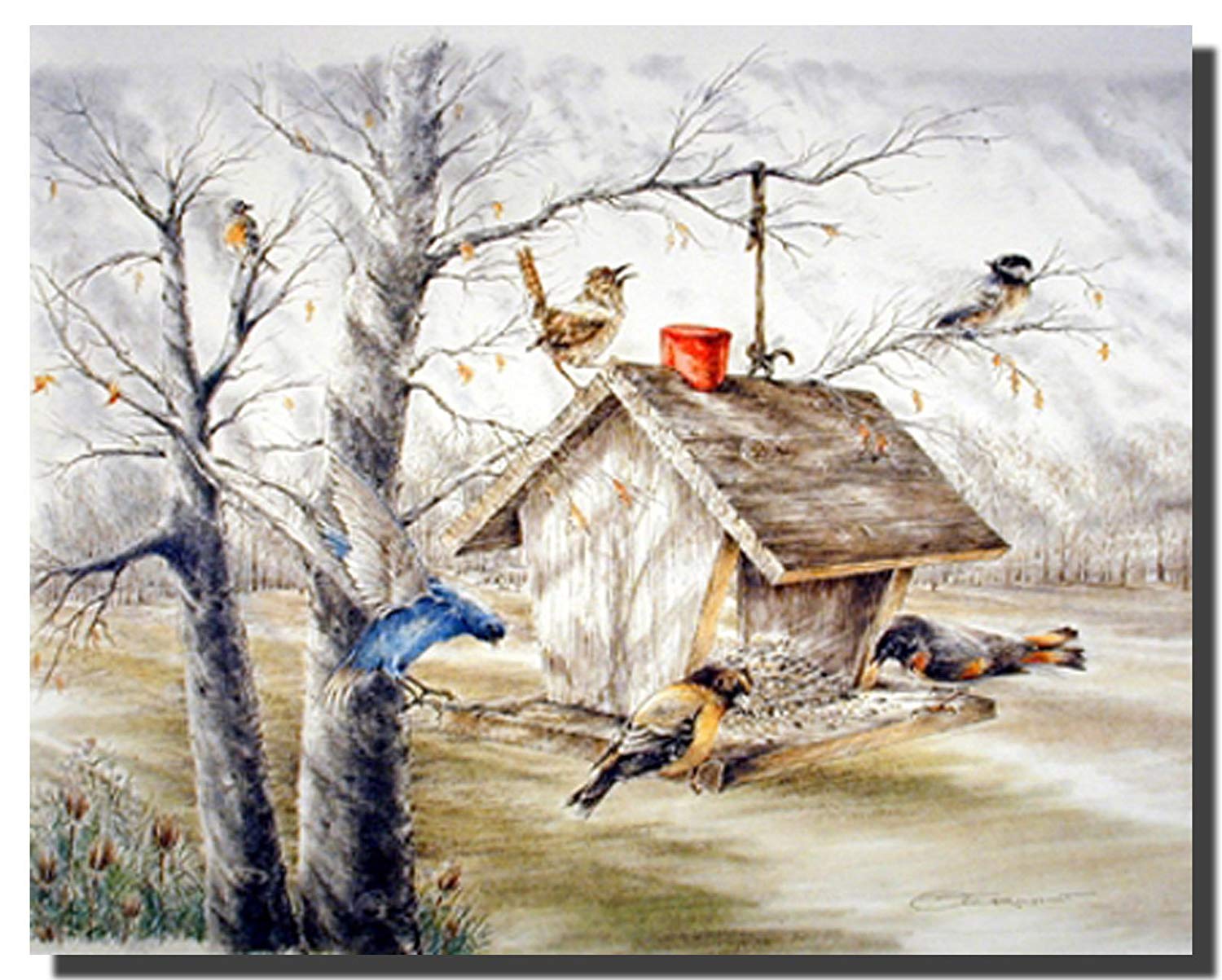 1500x1203 Wild Birds At Feeder House Wall Decor Art Print Poster - Wild Bird Painting