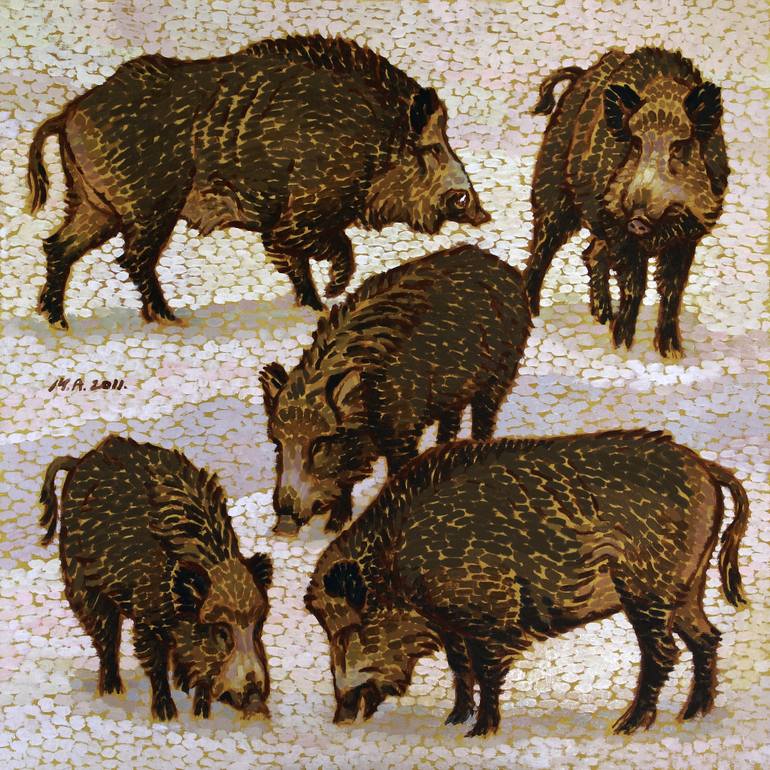 770x770 Saatchi Art Five Wild Boars Painting By Attila Meszlenyi - Wild Boar Painting
