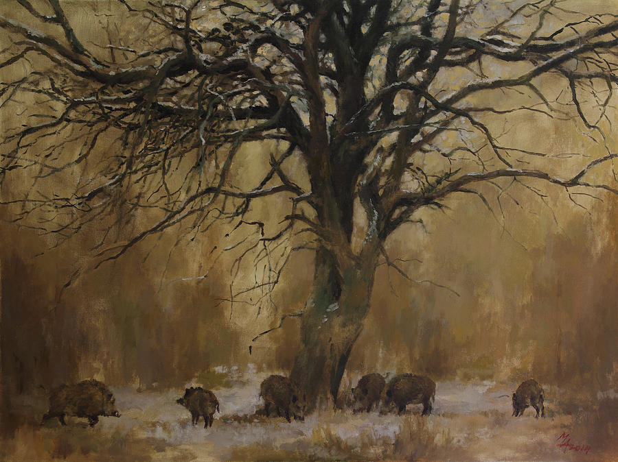 900x674 The Big Tree With Wild Boars Painting By Attila Meszlenyi - Wild Boar Painting