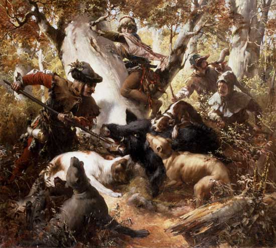 550x495 Wild Boar Hunting In The Old Days - Wild Boar Painting