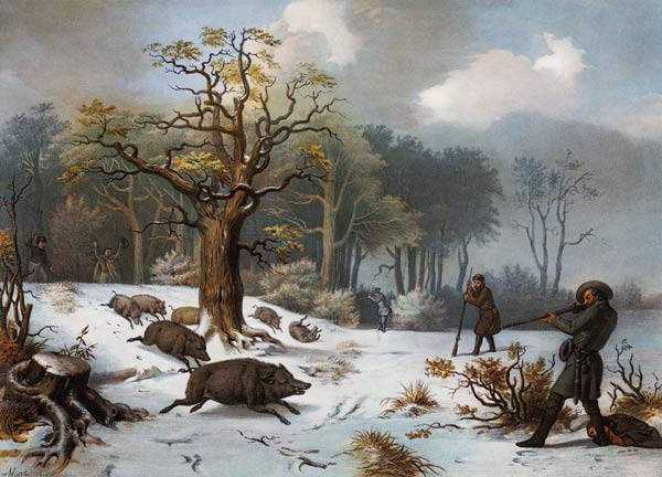 600x432 Wintry Wild Boar Hunting. - Wild Boar Painting