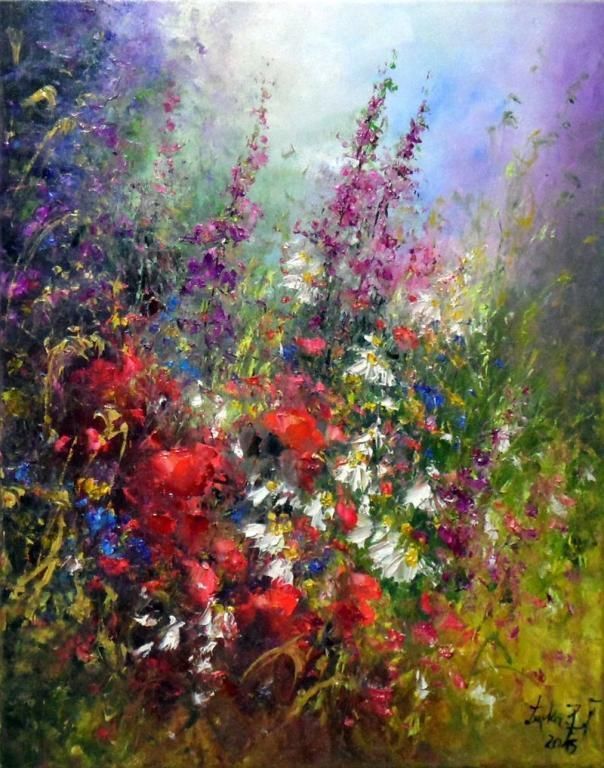 604x768 Wild Flowers Meadow Impression Impasto Original Oil Painting Red - Wild Flower Meadow Painting