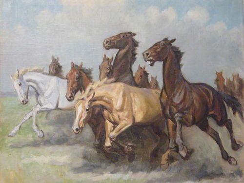 500x375 Kamillo Kolozsvary Hungarian 1936 Wild Horse Stampede Run Oil - Wild Horse Painting Canvas