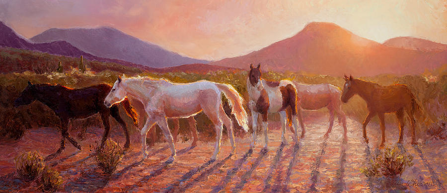 900x389 More Than Light Arizona Sunset And Wild Horses Painting By Karen - Wild Horses Painting