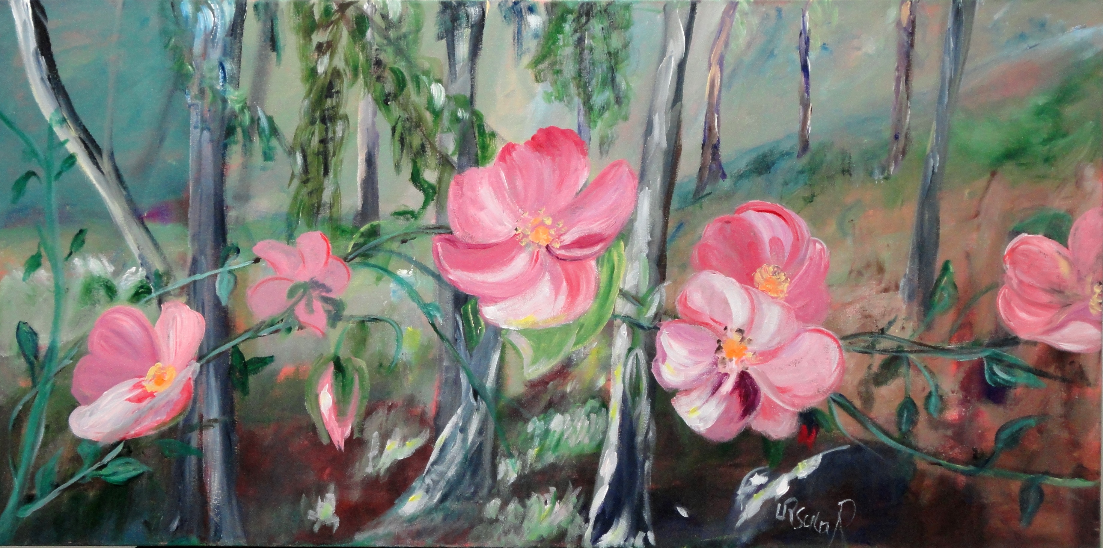 3680x1830 Paintings For Sale Nootka Rose, Wild Rose Painting By Ursula E - Wild Rose Painting