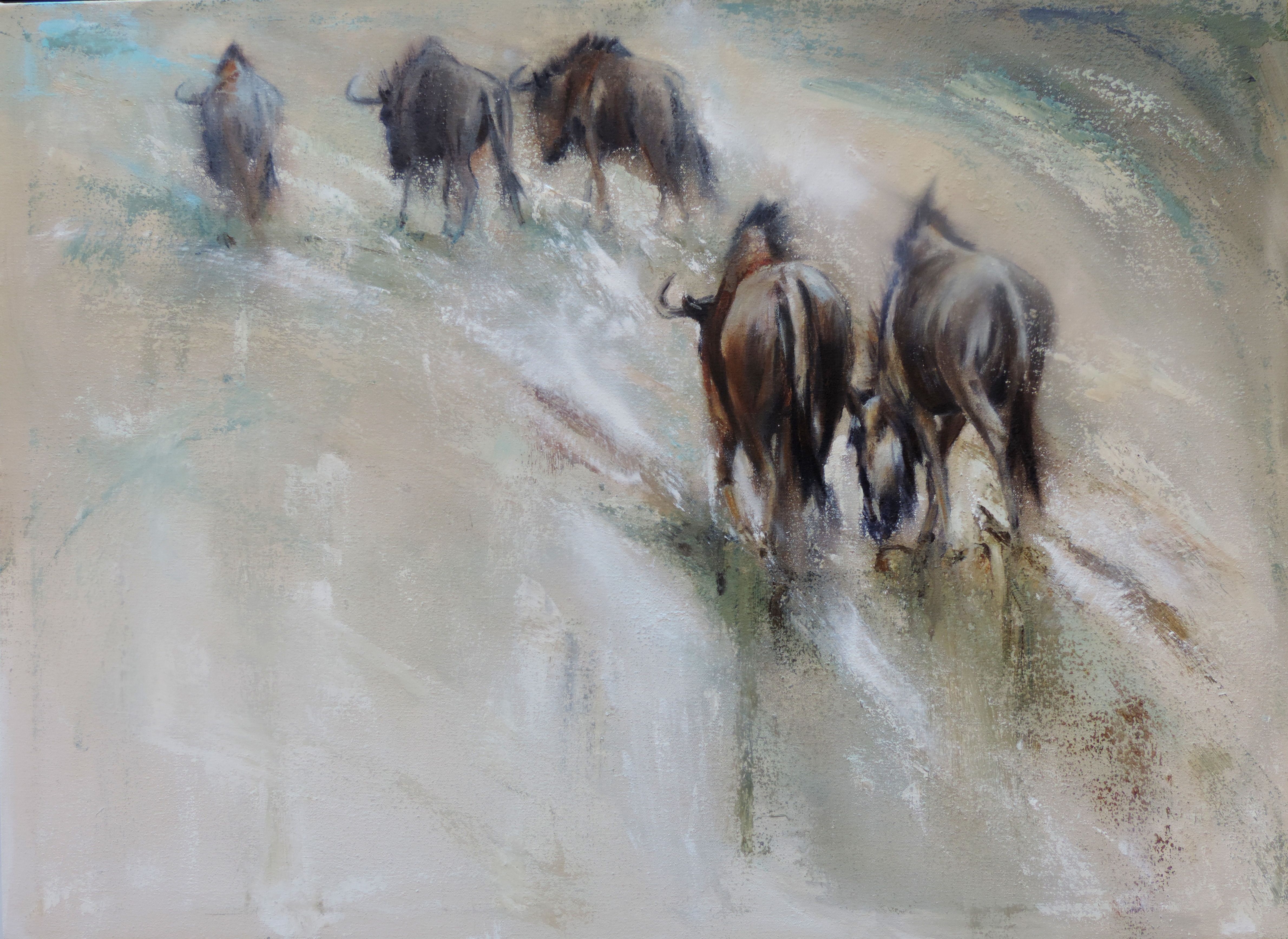 4760x3470 Painting By Mariana Zwaan. On The Road Again. Oil. Blue Wildebeest - Wildebeest Painting