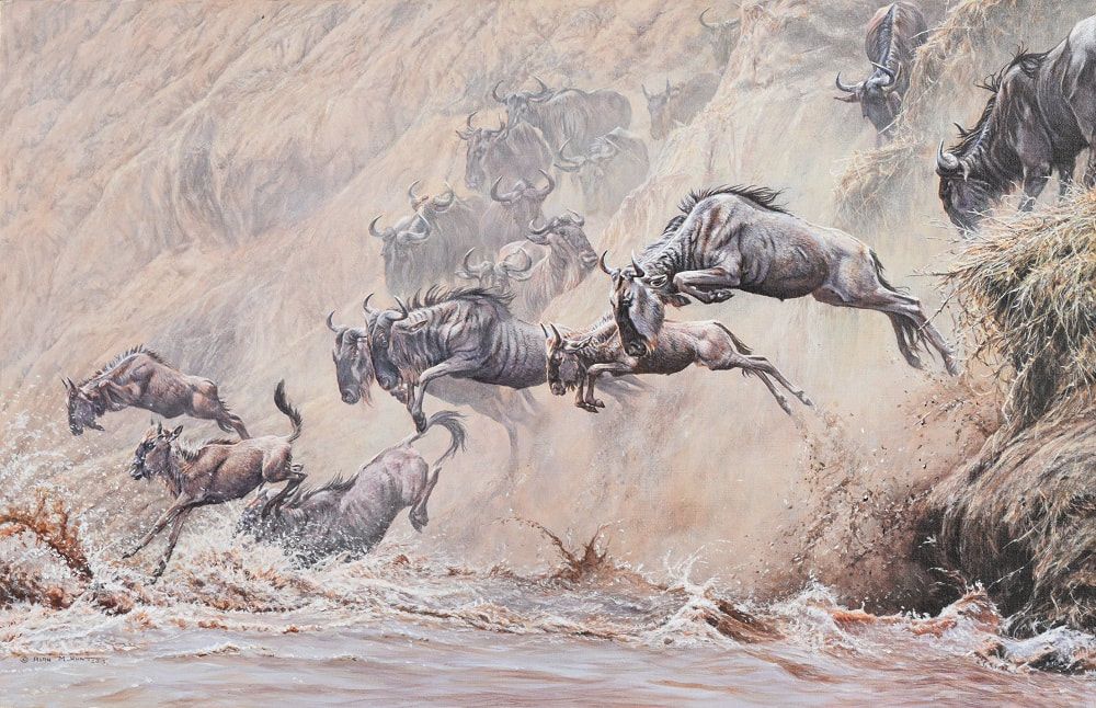 1000x646 Leap Of Faith Wildebeest Painting Original Painting By Alan M Hunt - Wildebeest Painting