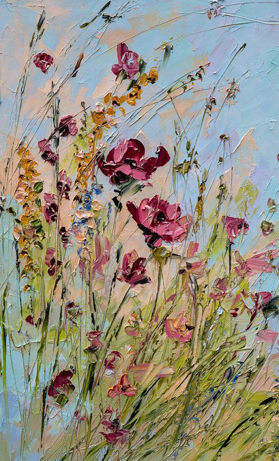 570x940 Red Blue Art Wildflowers Abstract Original Painting Blue Custom - Wildflower Painting