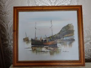 300x225 J Williams Oil Painting On Canvas Harbour Boats Scene Framed 73cm - Williams Oil Painting