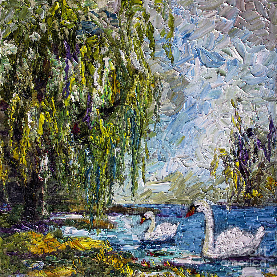 900x900 Willow Tree And Swan Lake Oil Painting Painting By Ginette Callaway - Willow Tree Painting