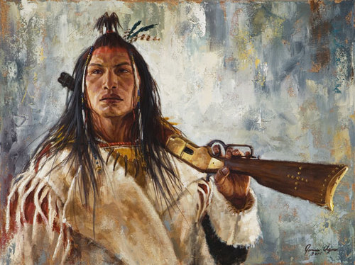 500x374 His Winchester Crow Warrior Painting Yellowboy Rifle - Winchester Painting