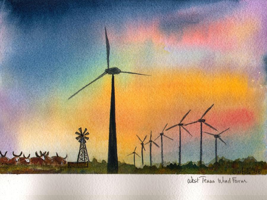 900x674 West Texas Wind Farm Painting By Carolyn Curtice - Wind Turbine Painting