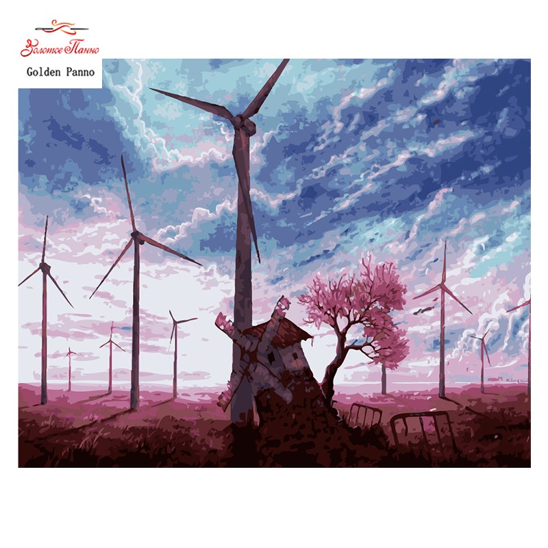800x800 Golden Panno,needlework,embroidery,diy Scenic Painting,kits,14ct - Wind Turbine Painting