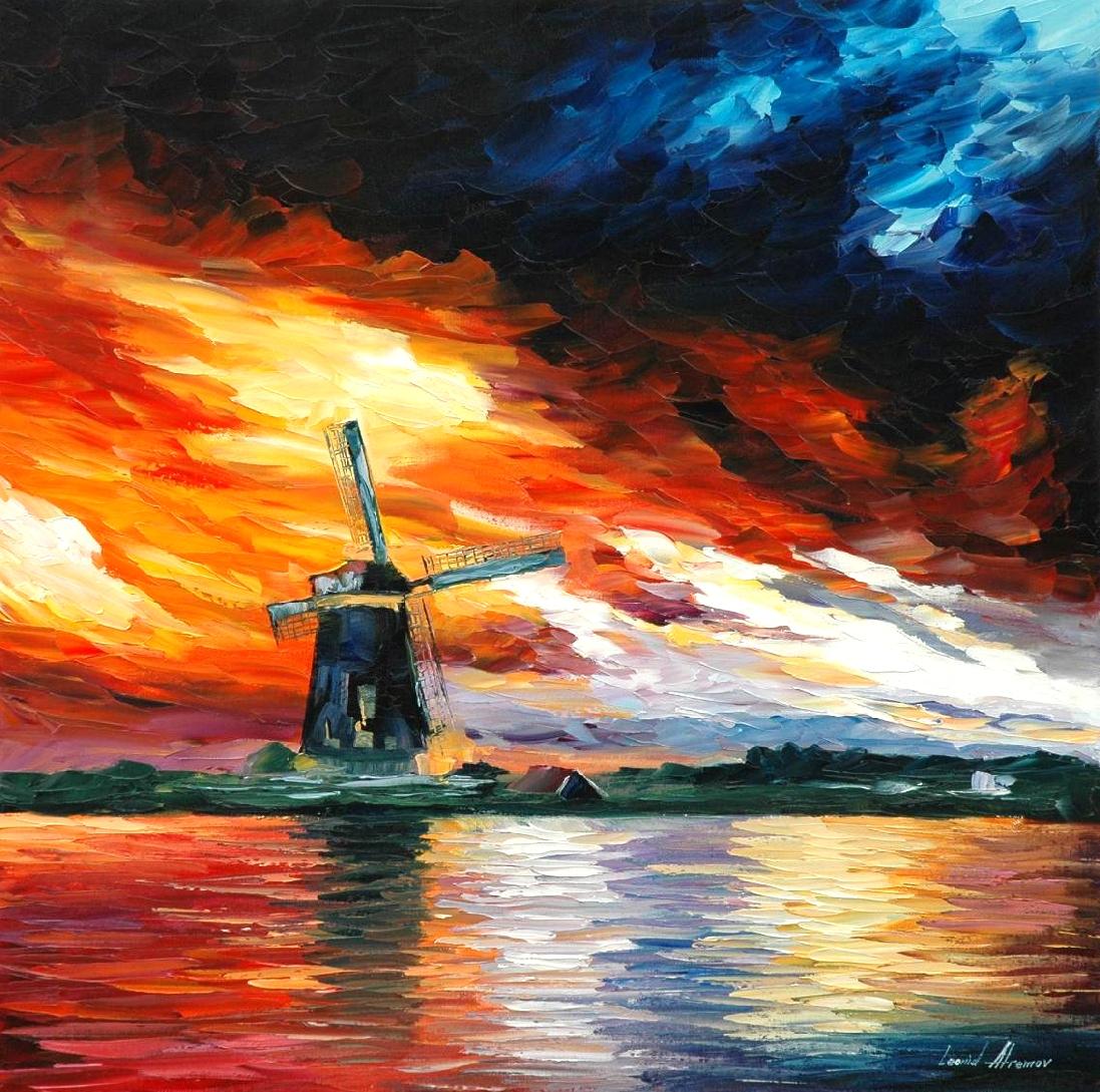 1097x1089 Windmill Holland Palette Knife Oil Painting On Canvas By - Windmill Painting