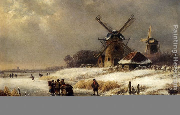720x461 Lodewijk Johannes Kleijn Figures On Frozen Waterway By - Windmill Painting