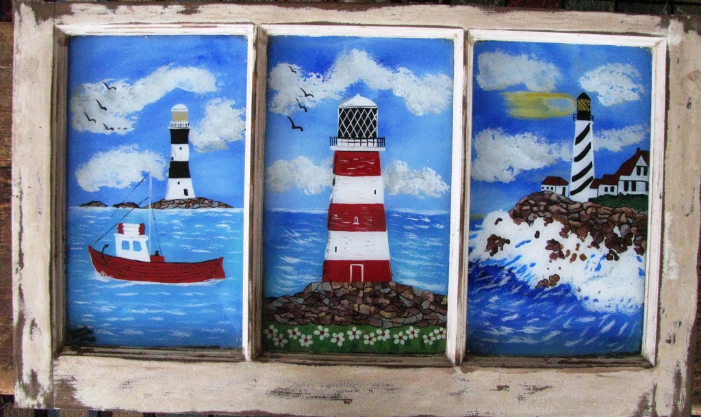 1024x610 Vermont Folk Art Paintings On Old Restored Windows, Reverse Folk - Window Art Painting
