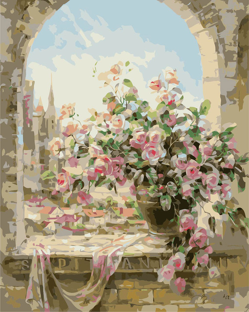 512x640 Kits Wall Pictures Window Flowers Scene Painting By Numbers Diy - Window Scene Painting