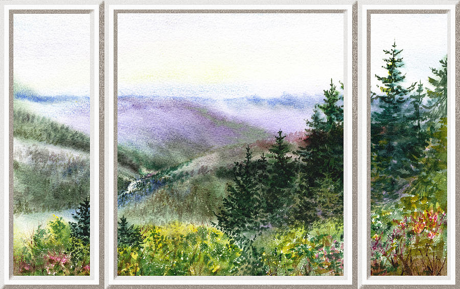 900x566 Forest And Mountains Window View Painting By Irina Sztukowski - Window View Painting