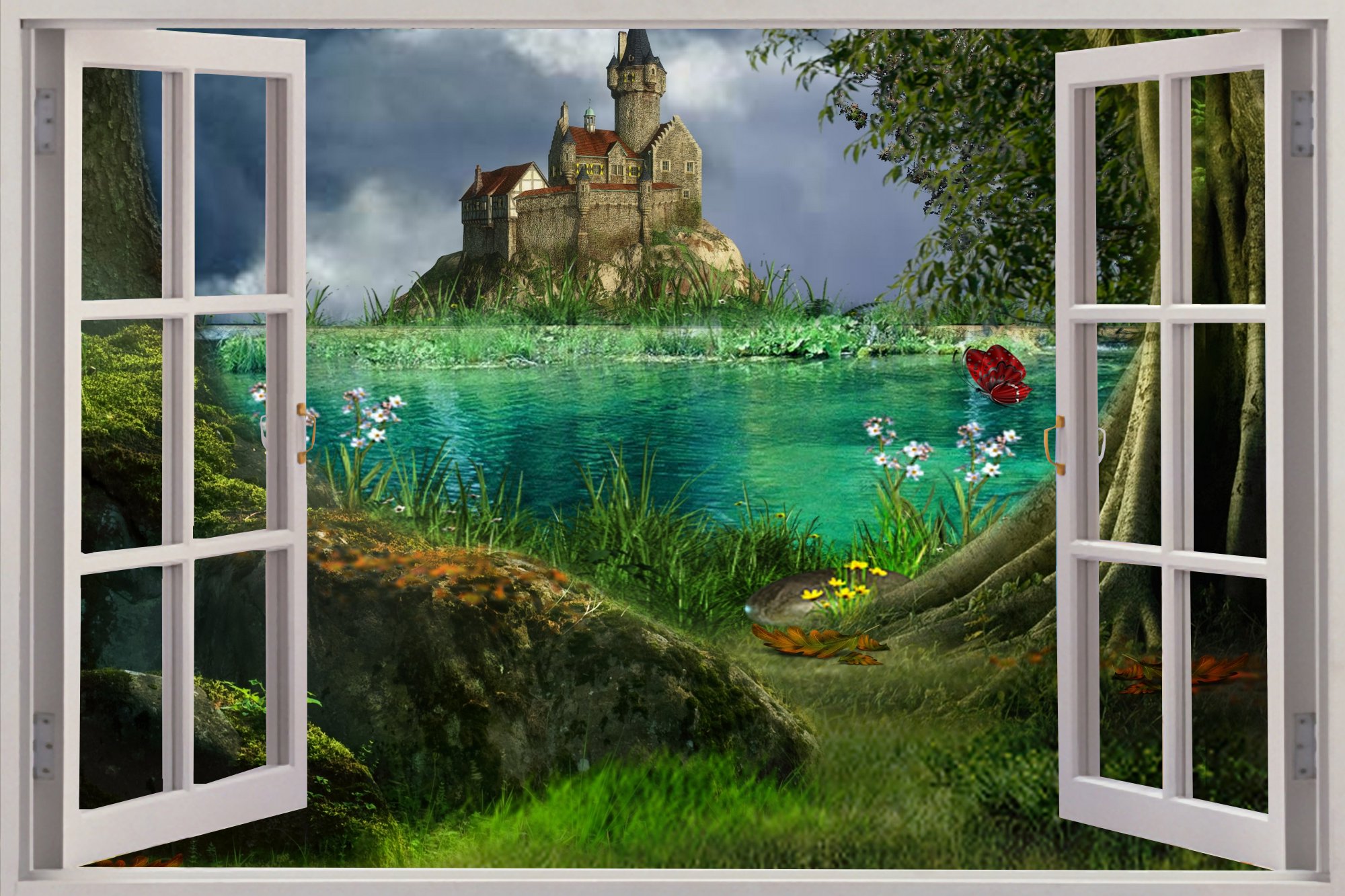 2000x1333 Huge 3d Window View Enchanted Castle Wall Sticker Mural Art Decal - Window View Painting