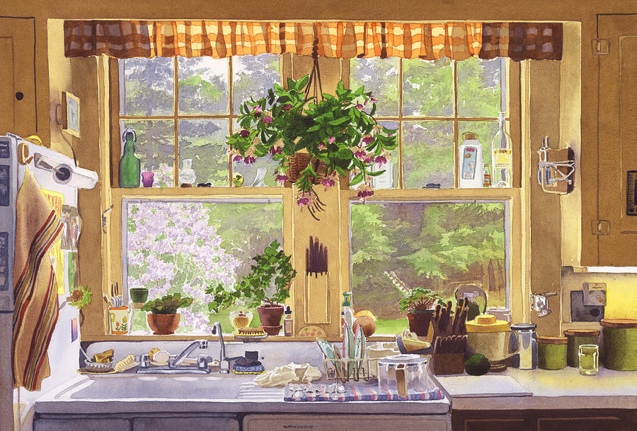 900x610 New England Kitchen Window Painting By Mary Helmreich - Window View Painting