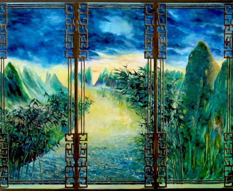 770x630 Saatchi Art Three Panel Chinese Window View Painting By Yishan Chan - Window View Painting