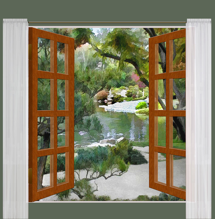 887x900 Window View Glimpse Of Tranquility Japanese Garden Painting By - Window View Painting