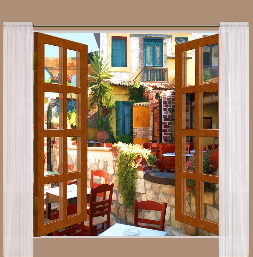 887x900 Window View Mediterranean Cafe Painting By Elaine Plesser - Window View Painting