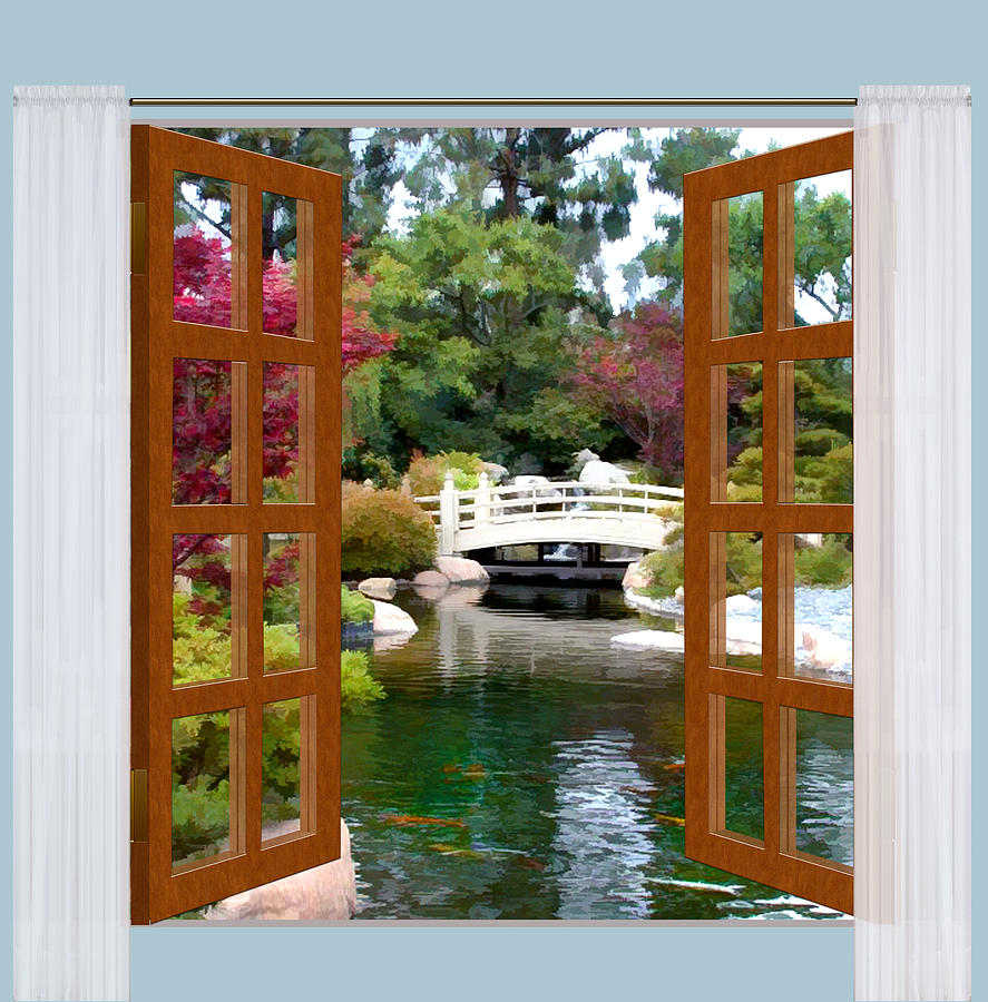 887x900 Window View Of Japanese Garden And Koi Pond Painting By Elaine Plesser - Window View Painting