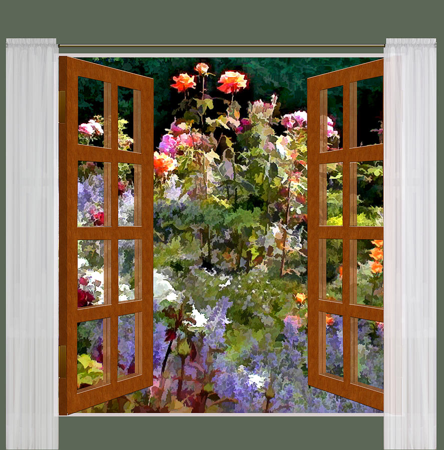 887x900 Window View Rose Garden In Sunlight Painting By Elaine Plesser - Window View Painting